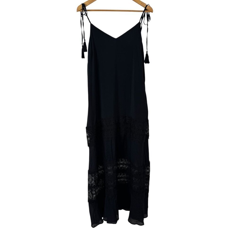 Elan Black Lace Tiered Maxi Dress Large Tie Spaghetti Straps Tassel Flowy Boho